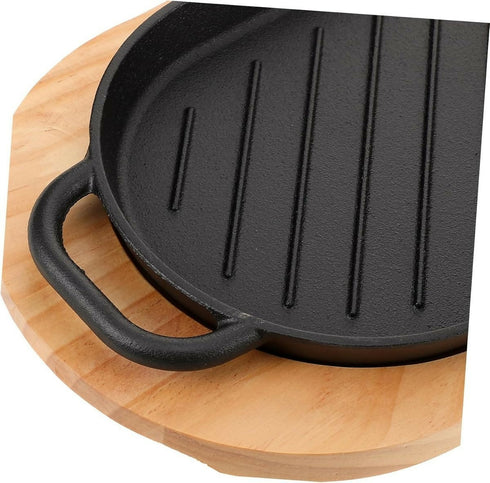 Cast Iron Steak Grill Pan with Wooden Serving Tray Thick Griddle Plate