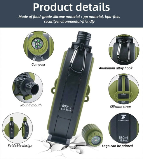 Camping Collapsible Water Bottle | Portable Compass Silicone Hydration Flask 580ml