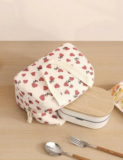 Corduroy Lunch Bag With Hearts & Bows - Beige