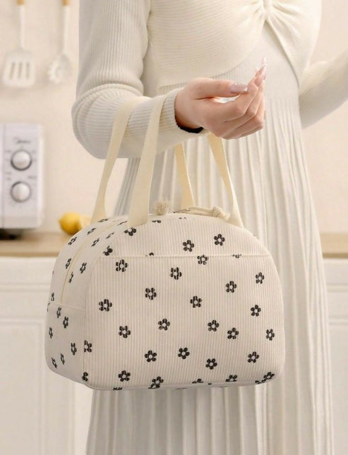 Flower Print Corduroy Lunch Bag With Handle - Beige