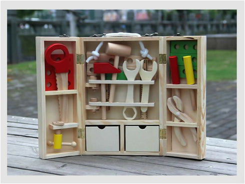 Wooden Kids Tool Set, Educational Pretend Play Toys, Colourful Tools with Storage Box