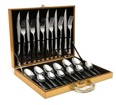 High Quality Stainless Steel 24 Piece Cutlery Set in a Golden Gift Box - Silver