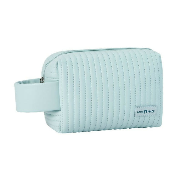 Striped Puffy PU Leather Cosmetic Bag Macaroon Colour Travel Cosmetic Pouch - Blue