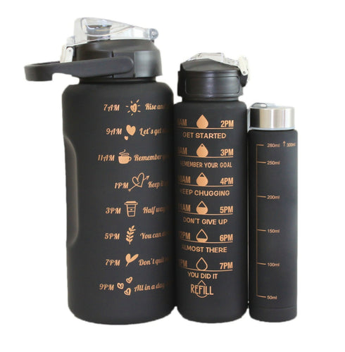 Black 3pcs Reusable Water Bottles with Motivational Quotes, Lockable Lid & Time Keeper
