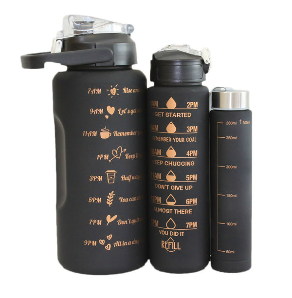 Black 3pcs Reusable Water Bottles with Motivational Quotes, Lockable Lid & Time Keeper