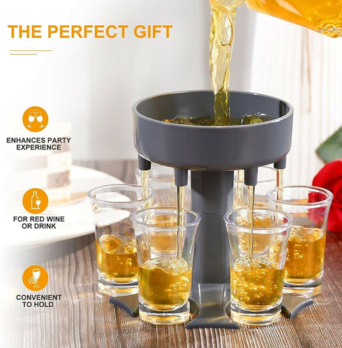 7 Piece Barware Wine Beverages Liquor Dispenser and 6 Shot Glass Holder - Grey