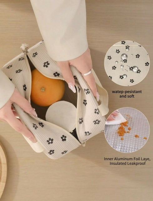 Flower Print Corduroy Lunch Bag With Handle - Beige