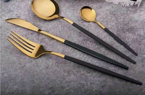 Deluxe Quality Black & Gold Stainless Steel Cutlery 24 Piece Set