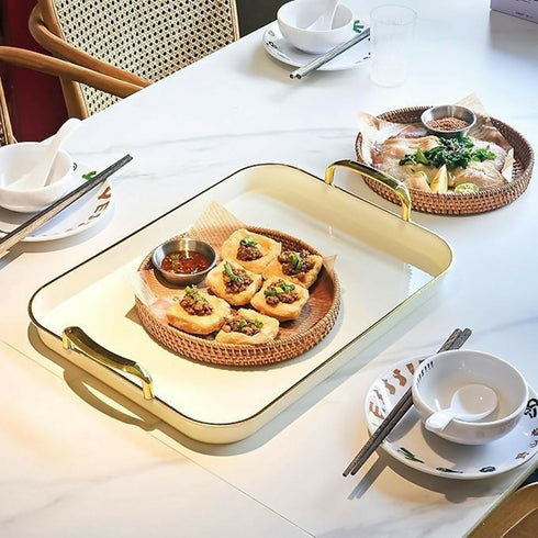 Serving Tray Fruit Dinner Food Tray Rectangle with Golden Handles - 3 Pack
