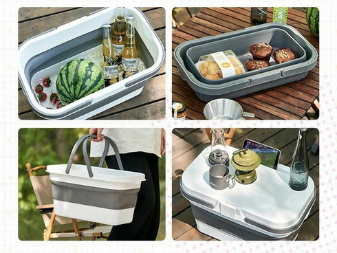 Collapsible Picnic Basket with Handles, Lid as Table - 3-in-1 Bucket - White
