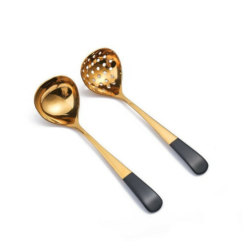 2 Piece Stainless Steel Soup & Food Golden Serving Spoons - Black