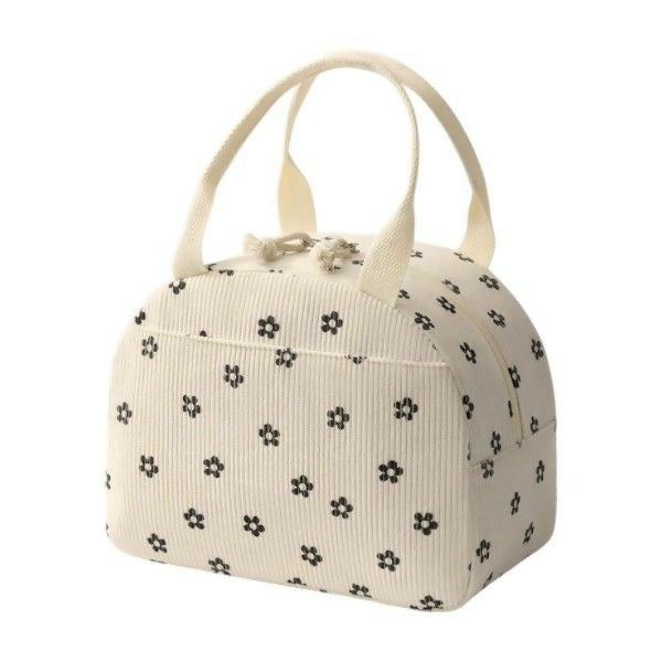 Flower Print Corduroy Lunch Bag With Handle - Beige