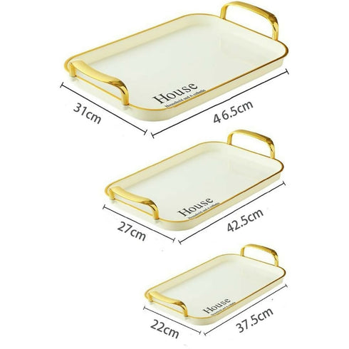 Serving Tray Fruit Dinner Food Tray Rectangle with Golden Handles - 3 Pack