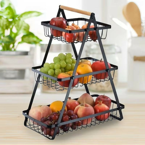 3-Levels Fruits & Vegetable Storage Basket Rack With Wooden Handle - Black