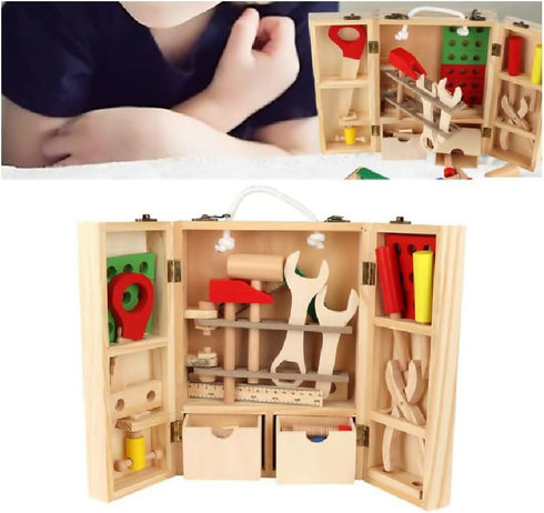 Wooden Kids Tool Set, Educational Pretend Play Toys, Colourful Tools with Storage Box