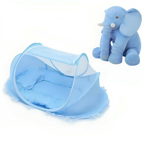 Elephant Pillow with Foldable Baby Anti-mosquito Cradle Bed Tent - Blue