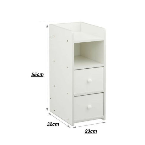 Slim Double Drawer Wooden Bedside Table With Storage - White - 7012
