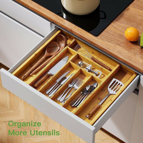 Expandable Utensil Organizer Drawer Bamboo Cutlery Tray