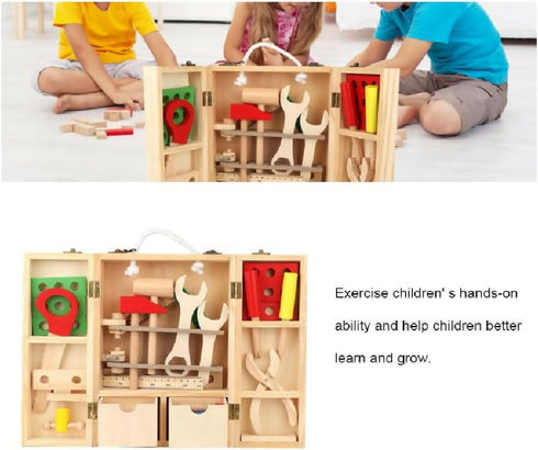 Wooden Kids Tool Set, Educational Pretend Play Toys, Colourful Tools with Storage Box