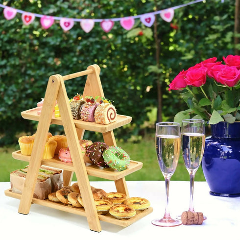 2 pcs Bamboo 3 Tier Serving Tray