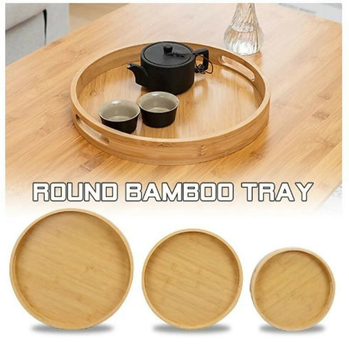 3 Different Size Round Bamboo Trays With Handles