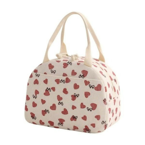 Corduroy Lunch Bag With Hearts & Bows - Beige