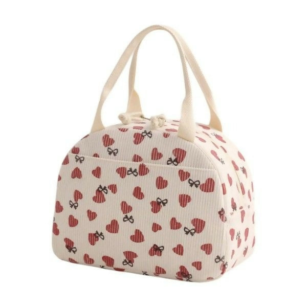 Corduroy Lunch Bag With Hearts & Bows - Beige