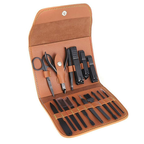 16 in 1 Stainless Steel Nail Tools Kit Set - Brown