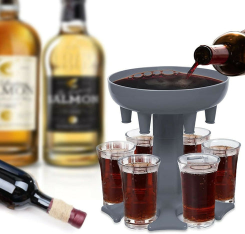 7 Piece Barware Wine Beverages Liquor Dispenser and 6 Shot Glass Holder - Grey