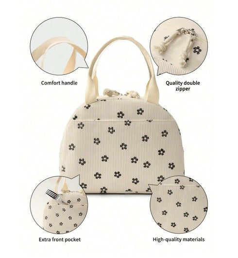 Flower Print Corduroy Lunch Bag With Handle - Beige