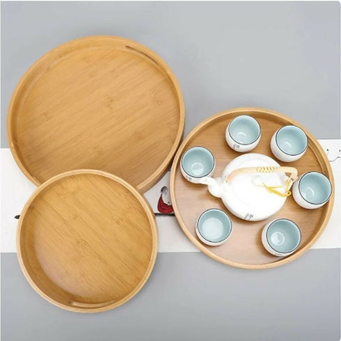 3 Different Size Round Bamboo Trays With Handles