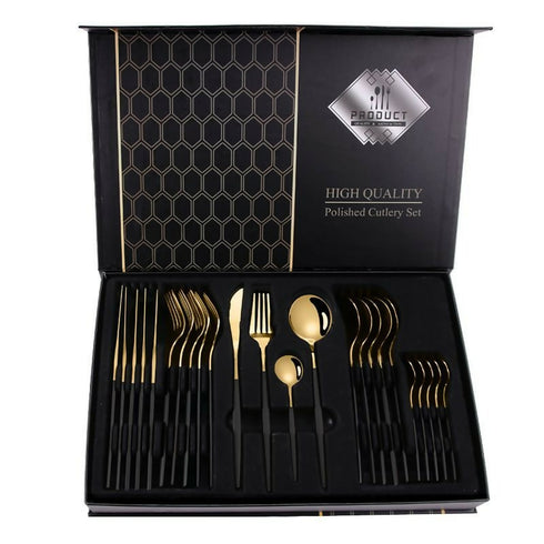 Deluxe Quality Black & Gold Stainless Steel Cutlery 24 Piece Set