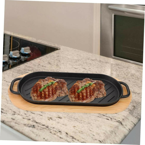 Cast Iron Steak Grill Pan with Wooden Serving Tray Thick Griddle Plate