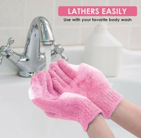 2 Piece Exfoliating Wash Gloves Dual Texture Bath Gloves for Shower - pink