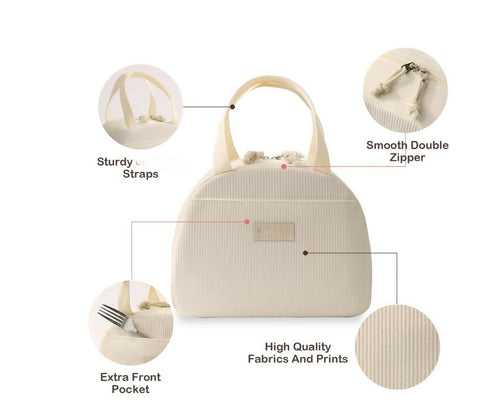 Corduroy Lunch Tote Cooler Bag Insulated with Handle Beige Work Campus