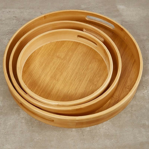 3 Different Size Round Bamboo Trays With Handles