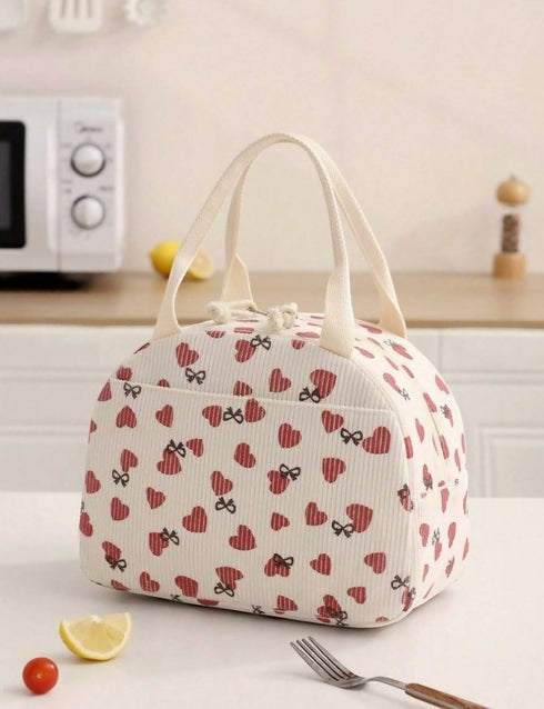 Corduroy Lunch Bag With Hearts & Bows - Beige
