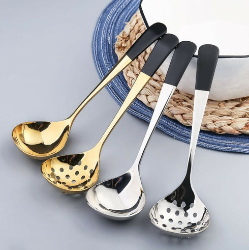 2 Piece Stainless Steel Soup & Food Golden Serving Spoons - Black