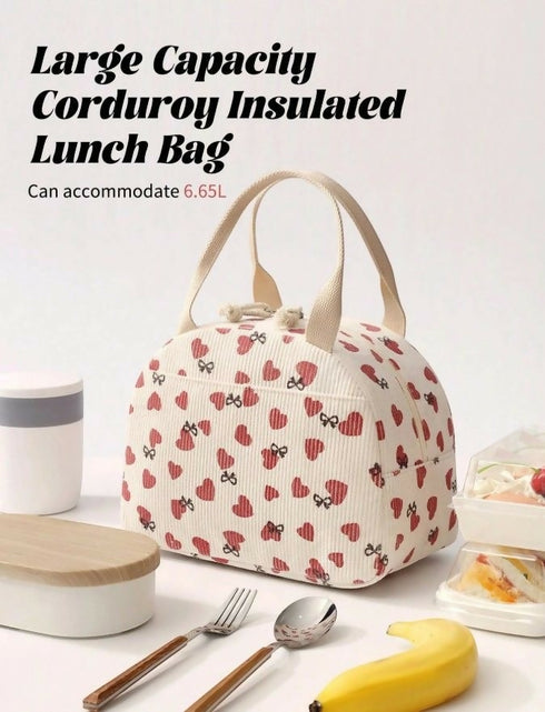 Corduroy Lunch Bag With Hearts & Bows - Beige