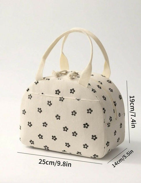 Flower Print Corduroy Lunch Bag With Handle - Beige
