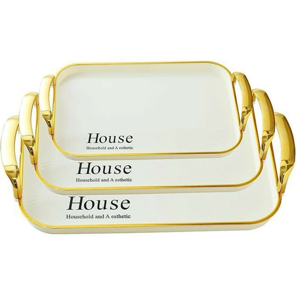 Serving Tray Fruit Dinner Food Tray Rectangle with Golden Handles - 3 Pack