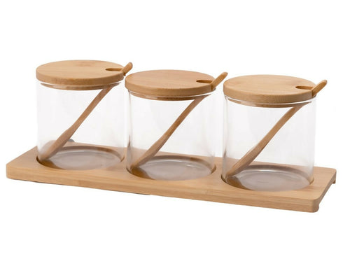 Glass Spice Storage Jar Set with Wooden Lid and Spoon