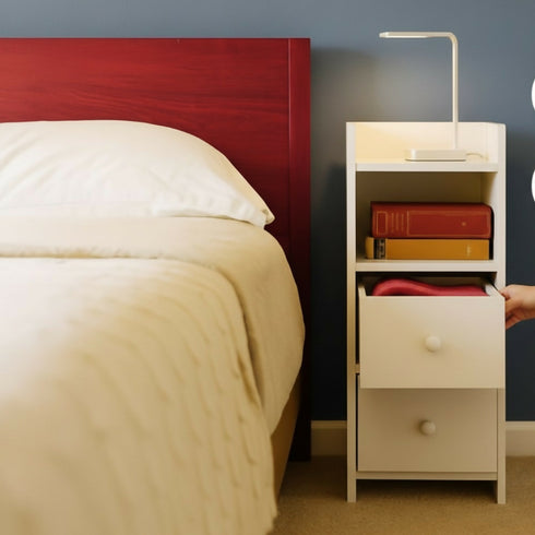 Slim Double Drawer Wooden Bedside Table With Storage - White - 7012