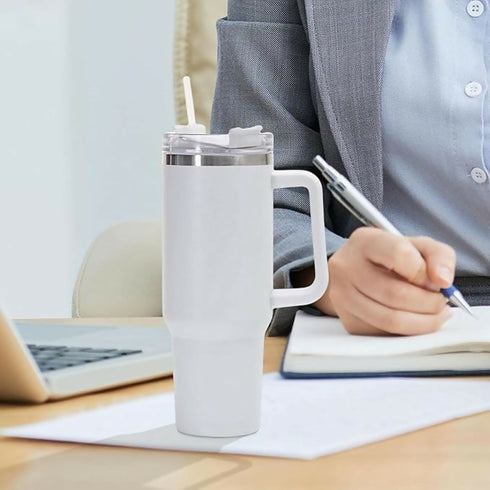 1200ml Insulated Tumbler Vacuum Flask with Handle & Straw – Large Stainless Steel Travel Mug for Hot & Cold Drinks – Leakproof, Double-Wall Vacuum Flask (White