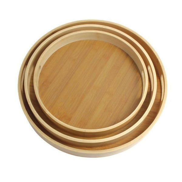 3 Different Size Round Bamboo Trays With Handles
