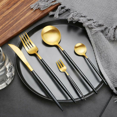 Deluxe Quality Black & Gold Stainless Steel Cutlery 24 Piece Set