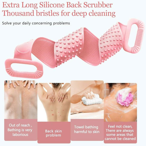 Silicone Back Scrubber Belt, Massage, Cleaning and Exfoliating Bath Brush - Pink