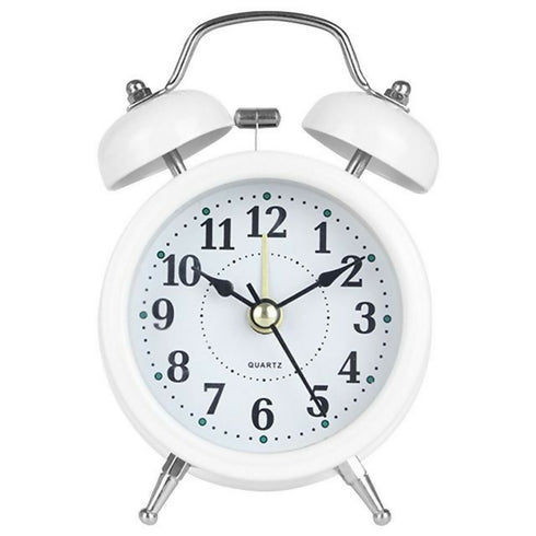 Metal Battery Powered Analogue Retro Double Bell Alarm Clock - White
