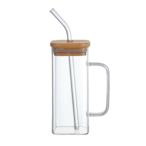 Glass With Bamboo Lid and Straw