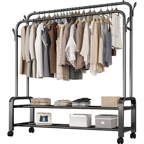 Heavy Duty Metal Multifunction Garment Rack 2-Layer Single Pole with Storage Shelf Double Tiers for Shoes Clothing Living Room